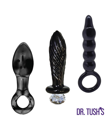 Dr Tush's Dark Curiosity Collection Anal Plug Set Glass showcasing three black borosilicate glass anal plugs.