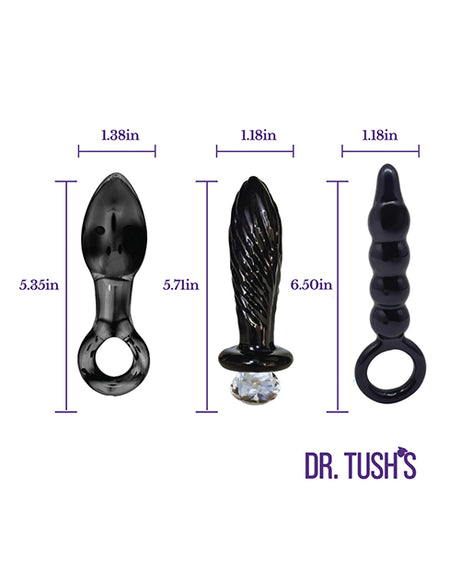 Dr Tush's Dark Curiosity Collection Anal Plug Set Glass featuring three distinct glass plugs with measurements.