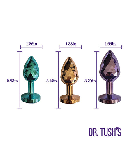 Dr Tush's Dragon Pearls Collection Anal Plug Set Metal showing three sizes with measurements displayed.