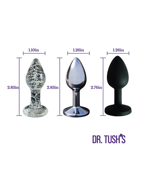 Dr Tush's First Step Anal Plug Set Glass Metal Silicone displayed with size dimensions.