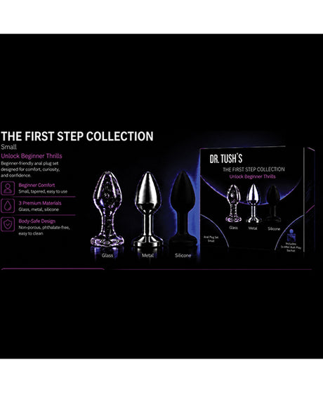 Dr Tush's First Step Anal Plug Set Glass Metal Silicone displayed with three plugs in Glass, Metal, and Silicone materials.