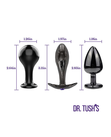 Dr Tush's Bad Decisions Collection Anal Plug Set Metal featuring three plugs with various sizes and shapes for backdoor pleasure.