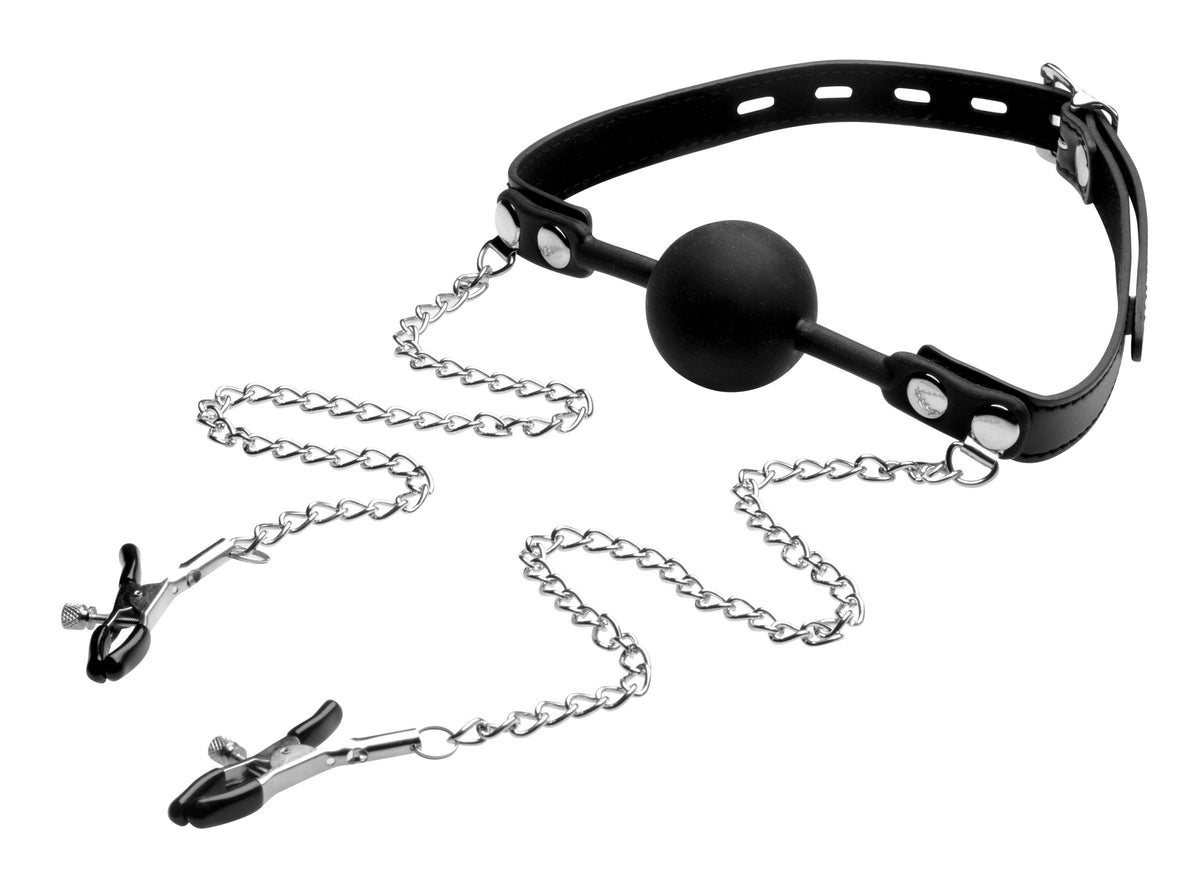 STRICT Silicone Ball Gag with Nipple Clamps Black, a bondage accessory featuring a silicone ball and nipple clamps.