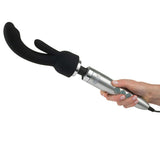 Doxy Rabbit G-spot Wand Attachment held in hand, featuring a silver wand with a black rabbit-shaped attachment.
