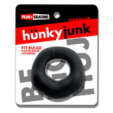 Oxballs Fit Bulge Hung-Style Cockring Black Fog on package showcasing design and branding.
