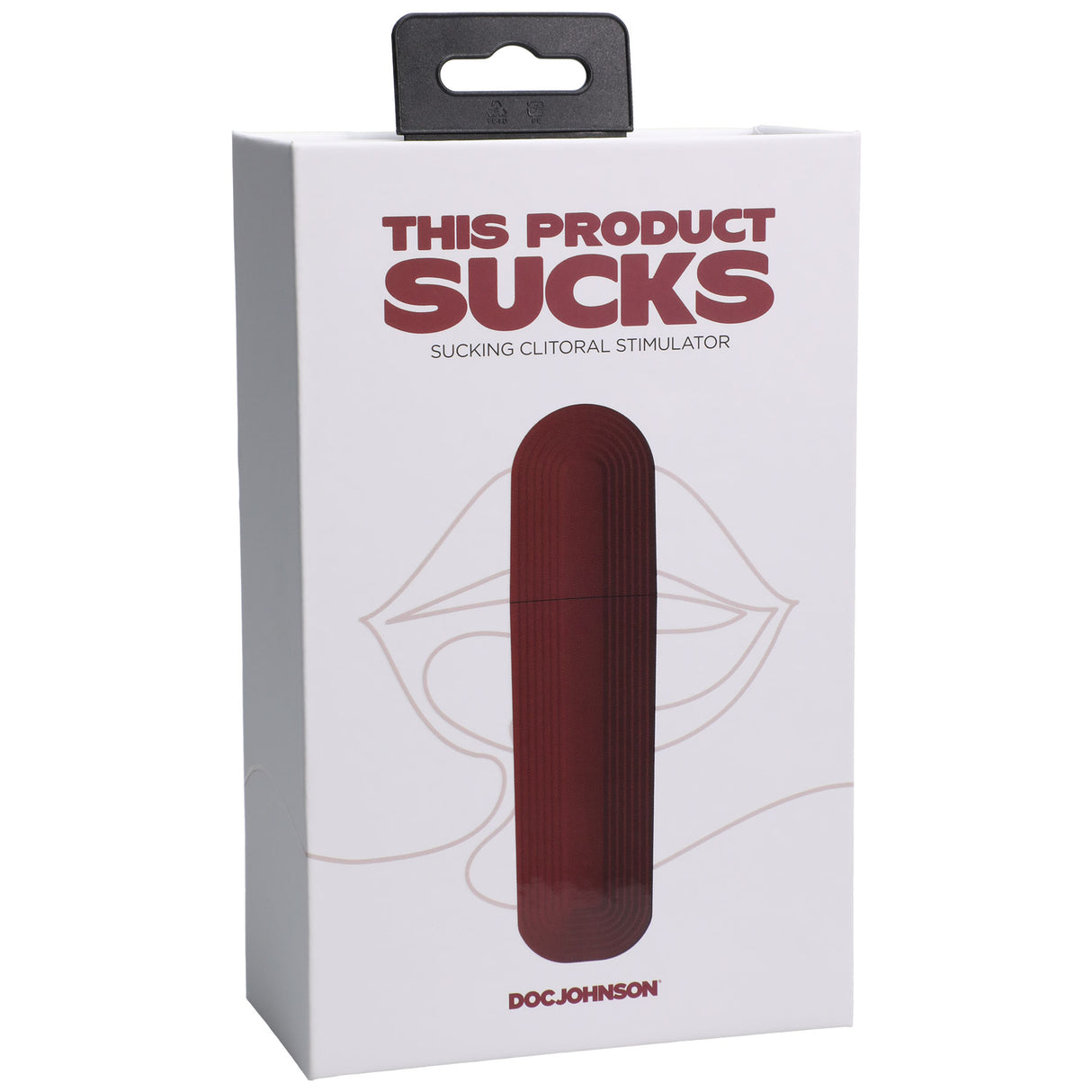 Packaging for This Product Sucks Sucking Clitoral Stimulator Red featuring a sleek design and branding.