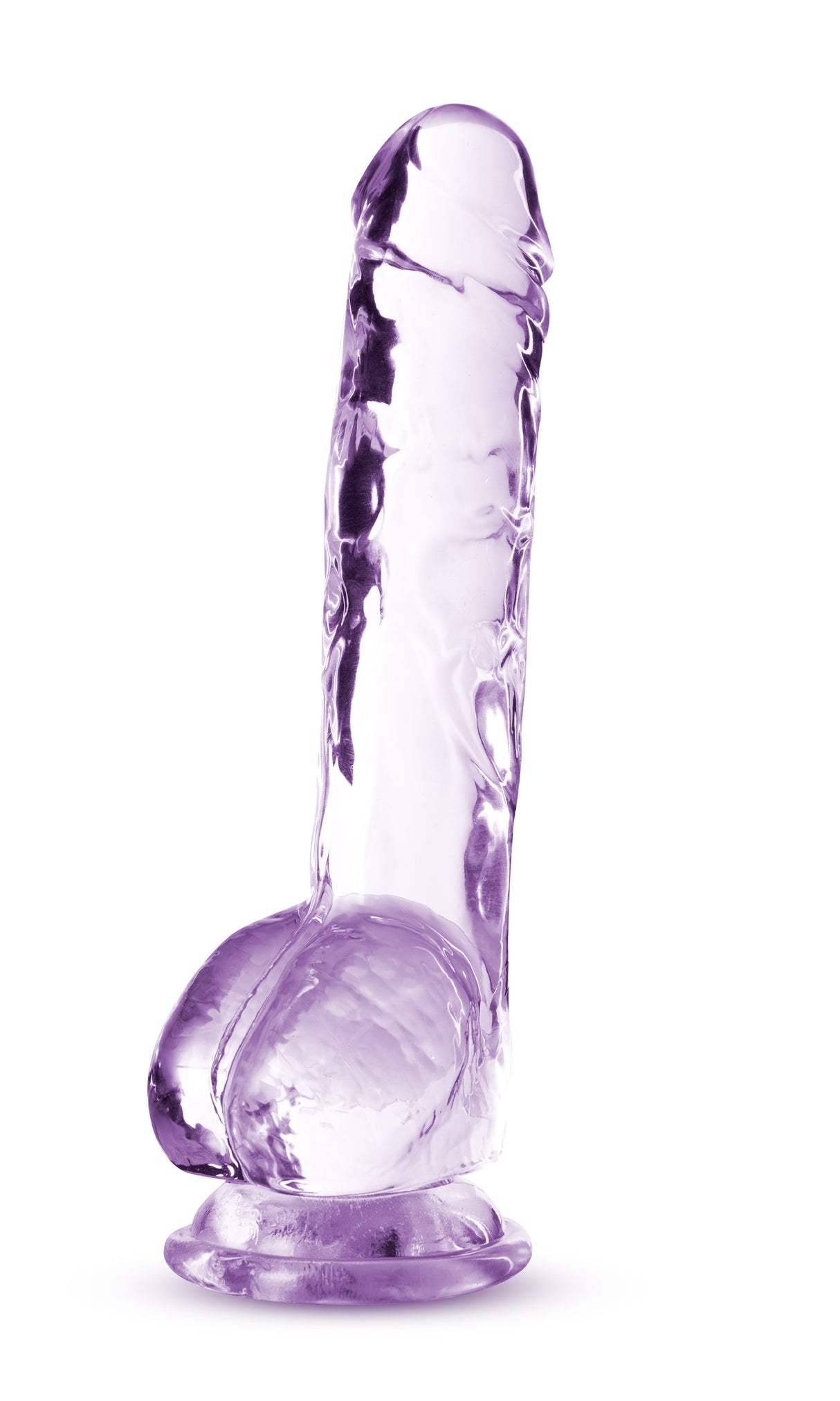 Naturally Yours 8 Inch Crystalline Dildo Amethyst in translucent purple color with suction cup base for hands-free play.