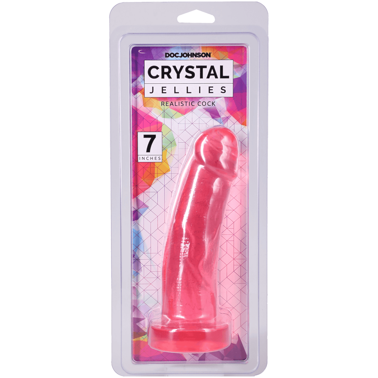 Crystal Jellies Realistic Cock 7 Inches Pink in packaging, featuring textured veins and a suction cup base.