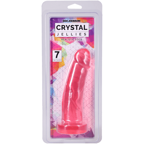 Crystal Jellies Realistic Cock 7 Inches Pink in packaging, featuring textured veins and a suction cup base.