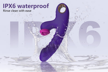 Sweet Heart Thrusting Tapping Vibrator showcased in a waterproof design, splashing water, highlighting easy cleaning.