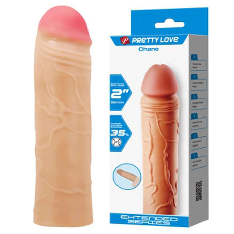 Pretty Love Chane Extended Penis Sleeve Beige displayed with packaging showcasing realistic design and texture.