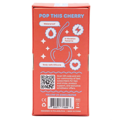 The Official Cherry Emoji Vibrator packaging with waterproof features and 9 vibration patterns.