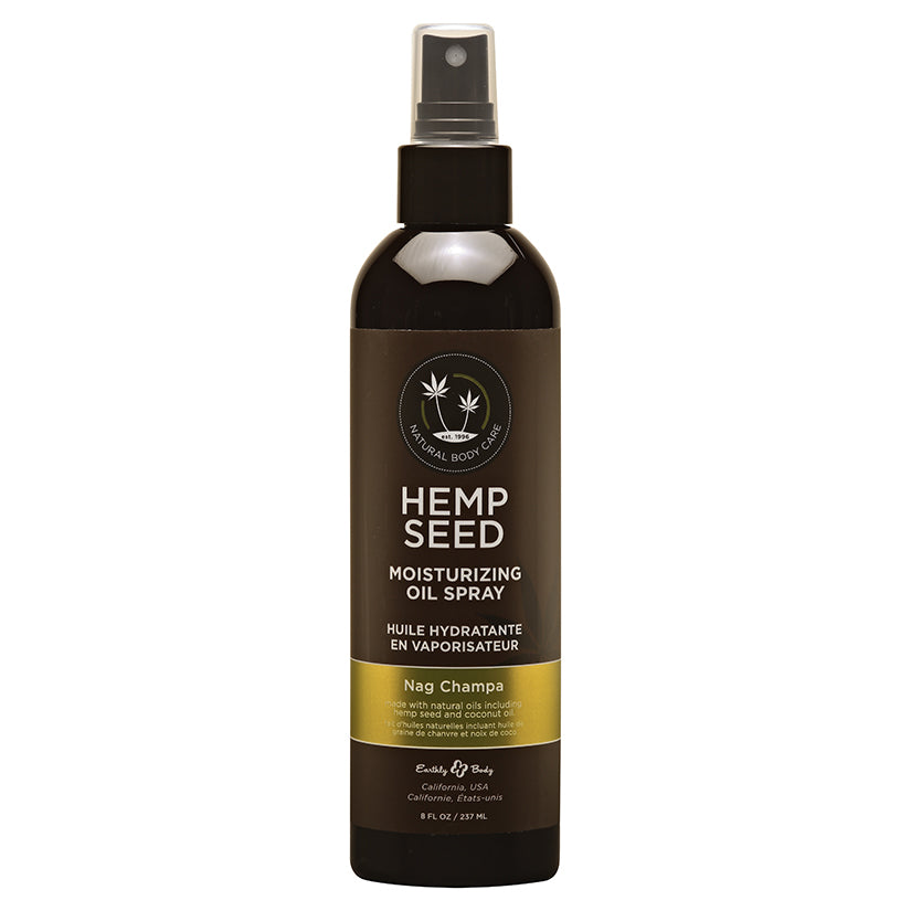 Earthly Body Moisturizing Oil Spray Nag Champa 8 Oz in a bottle with spray nozzle for easy application.