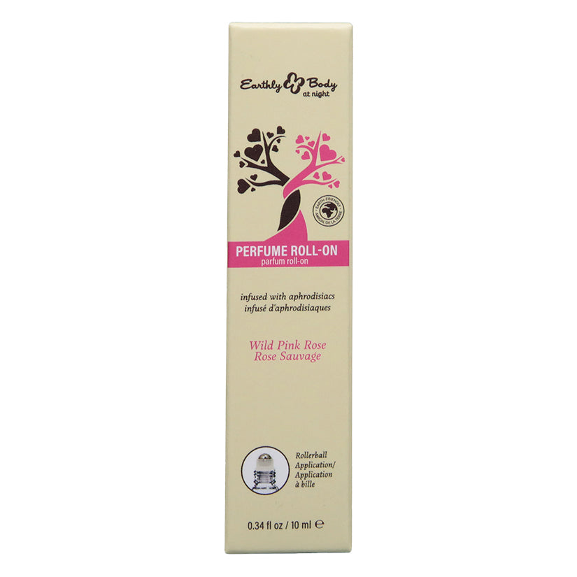 Earthly Body At Night Aphrodisiac Roll On Perfume Wild Rose 0.34 Oz packaging featuring Wild Pink Rose scent.