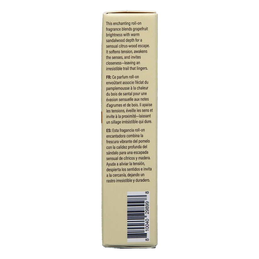 Earthly Body At Night Aphrodisiac Roll On Perfume Grape 0.34 Oz packaging with fragrance description and usage instructions.