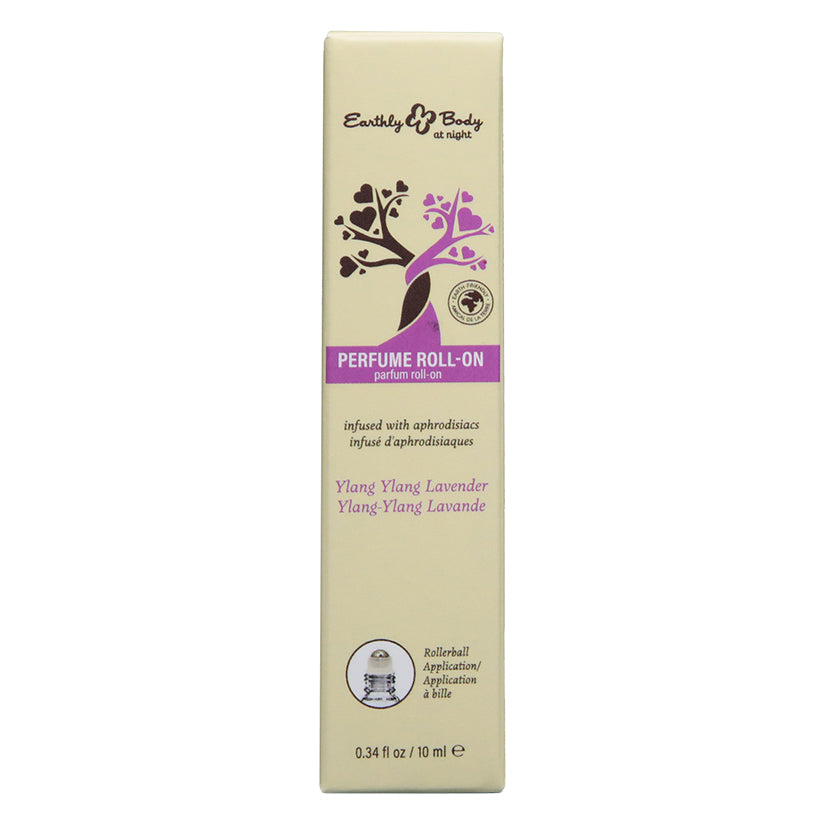 Earthly Body At Night Aphrodisiac Roll On Perfume Ylang 0.34 Oz packaging featuring ylang ylang and lavender scent.