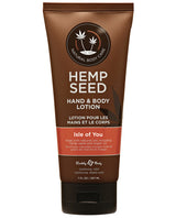 Earthly Body Hand & Body Lotion 7 oz Tube Isle of You, hemp seed-infused moisturizer in a brown tube packaging.
