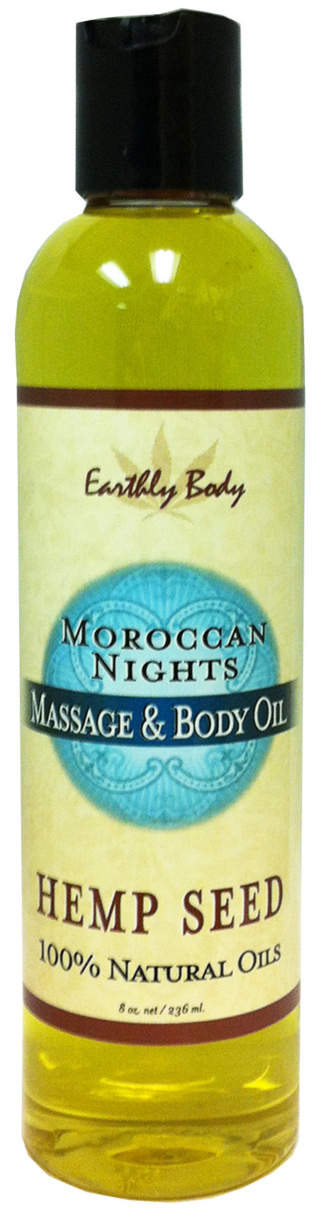 Earthly Body Moroccan Nights Massage Oil 8 Oz bottle featuring hemp seed and natural oils for massages.