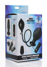 Vibro Inflatable Anal Plug Black packaging featuring variable speed control for intense prostate stimulation.