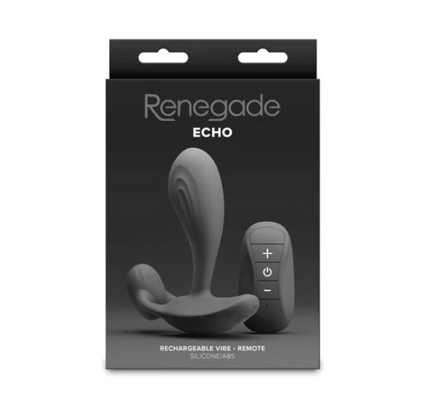 Renegade Echo Silicone Prostate Massager Black package featuring a sleek design and remote control.