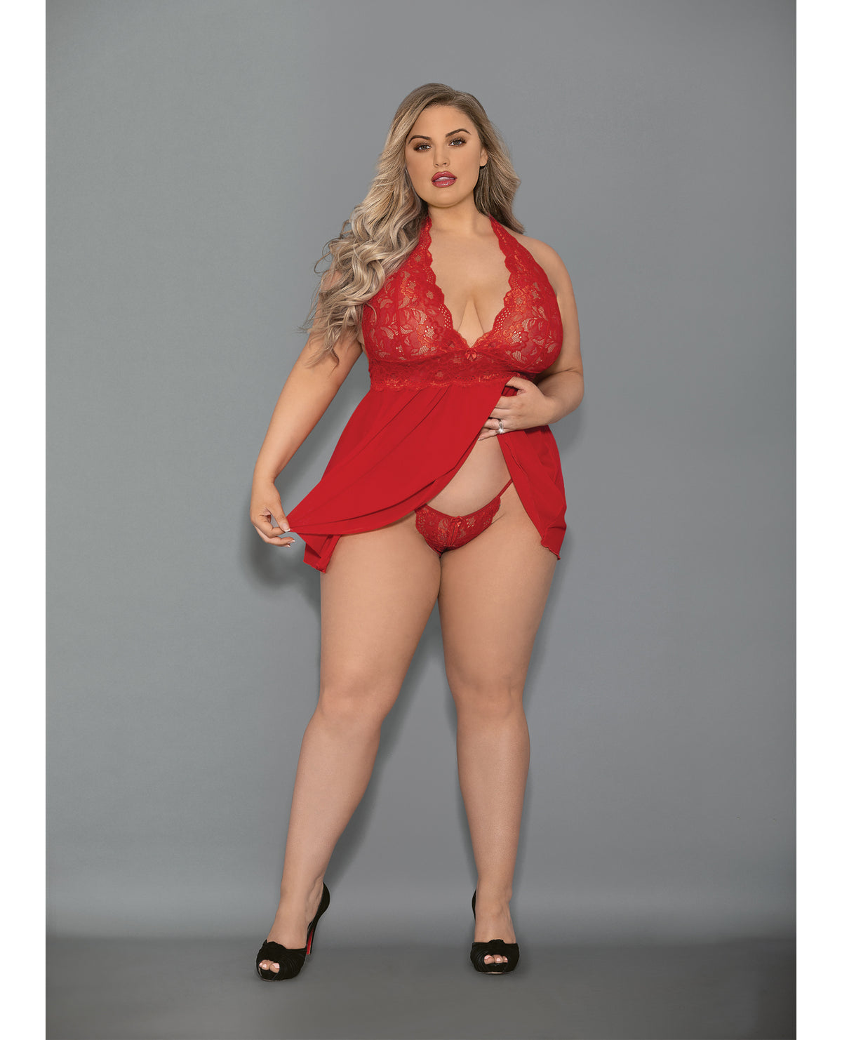 Euphoria Shorty Babydoll and Open Panty Red Queen on model, showcasing sheer mesh and lace design in vibrant red.