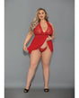 Euphoria Shorty Babydoll and Open Panty Red Queen on model, showcasing sheer mesh and lace design in vibrant red.