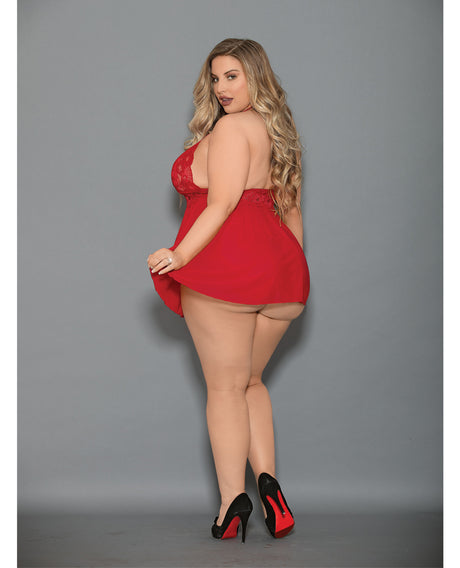 Model wearing Euphoria Shorty Babydoll and Open Panty Red Queen set in red, showcasing sheer mesh and lace design from the back.
