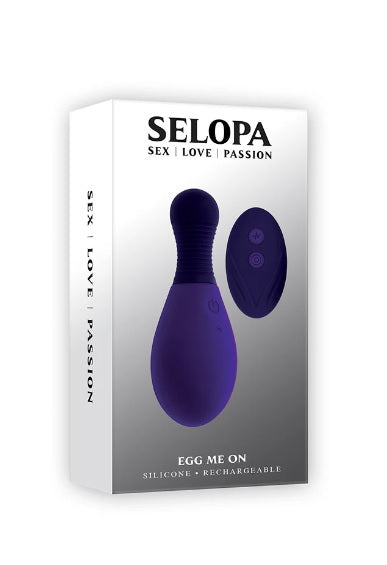 Selopa Egg Me On Remote Control Egg Vibrator Purple packaging featuring a smooth silicone design.