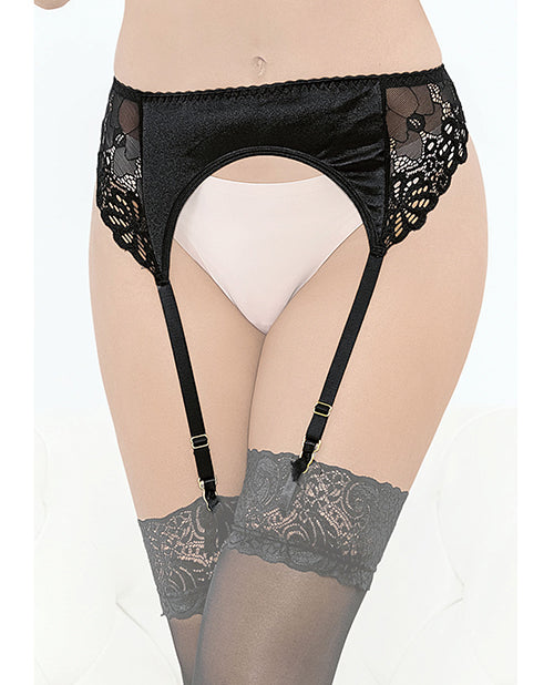 Escante Satin and Lace Garter Belt Black Small showcasing lace details and adjustable straps for a stylish look.