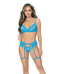 Underwire Lace Bra Garter Belt and G-String Blue Medium set, featuring rich blue lace and a flattering design.