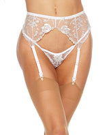 Evelyn Lace Garter Belt White LG featuring delicate lace and floral embroidery, perfect for an elegant intimate look.