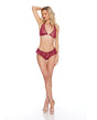 Escante Wine Romance Halter Lace 2 Piece Set M/L model showcasing sultry burgundy lace and flattering halter style.