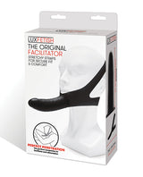 Lux Fetish The Original Facilitator Face Strap-On Black packaging showcasing secure fit and comfort features.