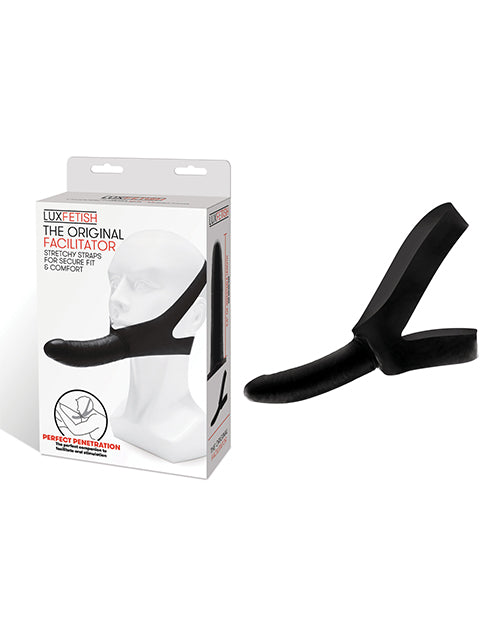 Lux Fetish The Original Facilitator Face Strap-On Black packaging displayed with the product design.