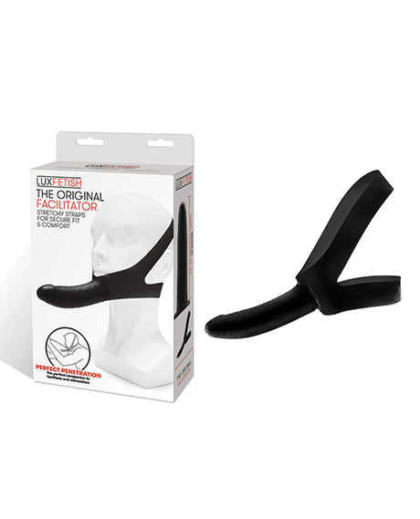 Lux Fetish The Original Facilitator Face Strap-On Black packaging displayed with the product design.