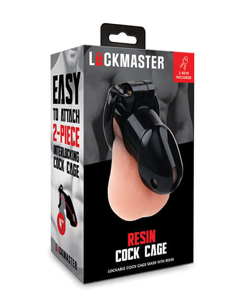 Lockmaster 4 inch Resin Cock Cage Black packaging showing easy attachment features and included keys.