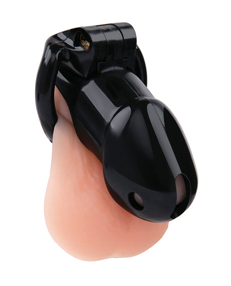Lockmaster 4 inch Resin Cock Cage Black displayed from the side, emphasizing its sturdy design and secure fit.