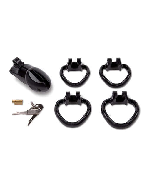 Lockmaster 4 inch Resin Cock Cage Black accessories including keys and sizing rings.