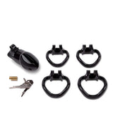 Lockmaster 4 inch Resin Cock Cage Black accessories including keys and sizing rings.