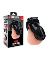 Lockmaster 4 inch Resin Cock Cage Black displayed in packaging with clear instructions and product details.