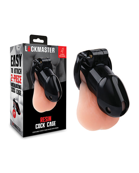 Lockmaster 4 inch Resin Cock Cage Black displayed in packaging with clear instructions and product details.