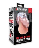 Lockmaster 3.5 Inch Side Lock See Thru Chastity Cage Clear packaging featuring easy to attach design with keys included.