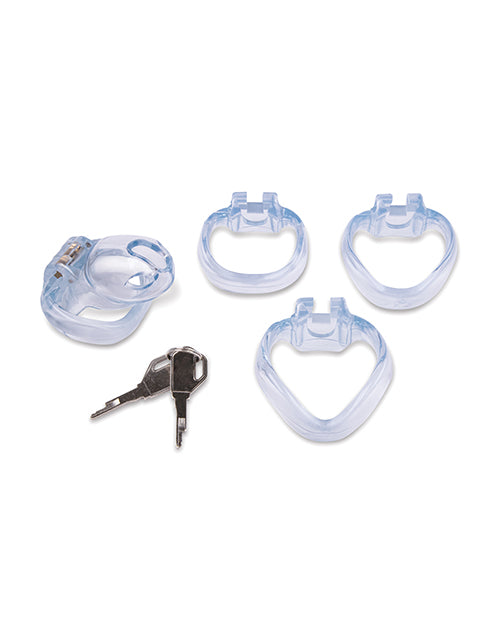 Lockmaster 3.5 Inch Side Lock See Thru Chastity Cage Clear components including cage, rings, and key.