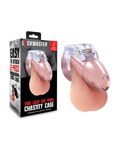 Lockmaster 3.5 Inch Side Lock See Thru Chastity Cage Clear packaging and product image with features highlighted.