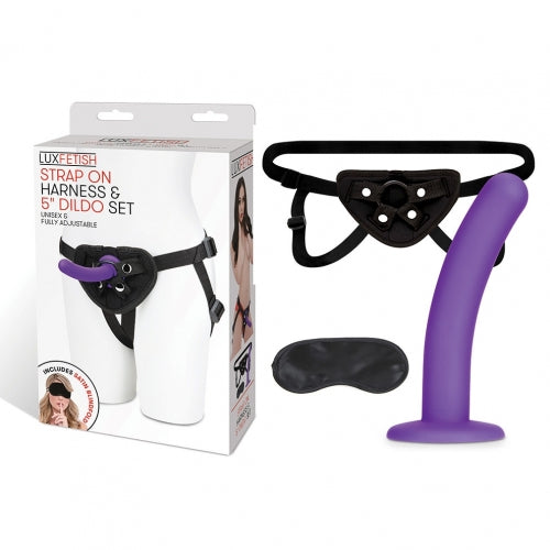 Lux Fetish Strap On Harness 5 Inch Dildo Set featuring adjustable harness and purple dildo for couples.