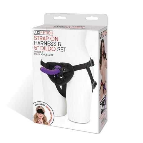 Lux Fetish Strap On Harness 5 Inch Dildo Set packaging showing unisex adjustable harness and dildo.