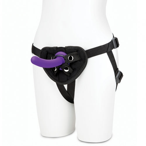 Lux Fetish Strap On Harness 5 Inch Dildo Set displayed on a mannequin, featuring adjustable harness and dildo.