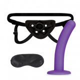 Lux Fetish Strap On Harness 5 Inch Dildo Set with adjustable harness, purple dildo, and satin blindfold.