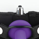 Close-up of Lux Fetish Strap On Harness 5 Inch Dildo Set showing the purple dildo attachment and adjustable harness.