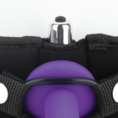 Close-up of Lux Fetish Strap On Harness 5 Inch Dildo Set showing the purple dildo attachment and adjustable harness.